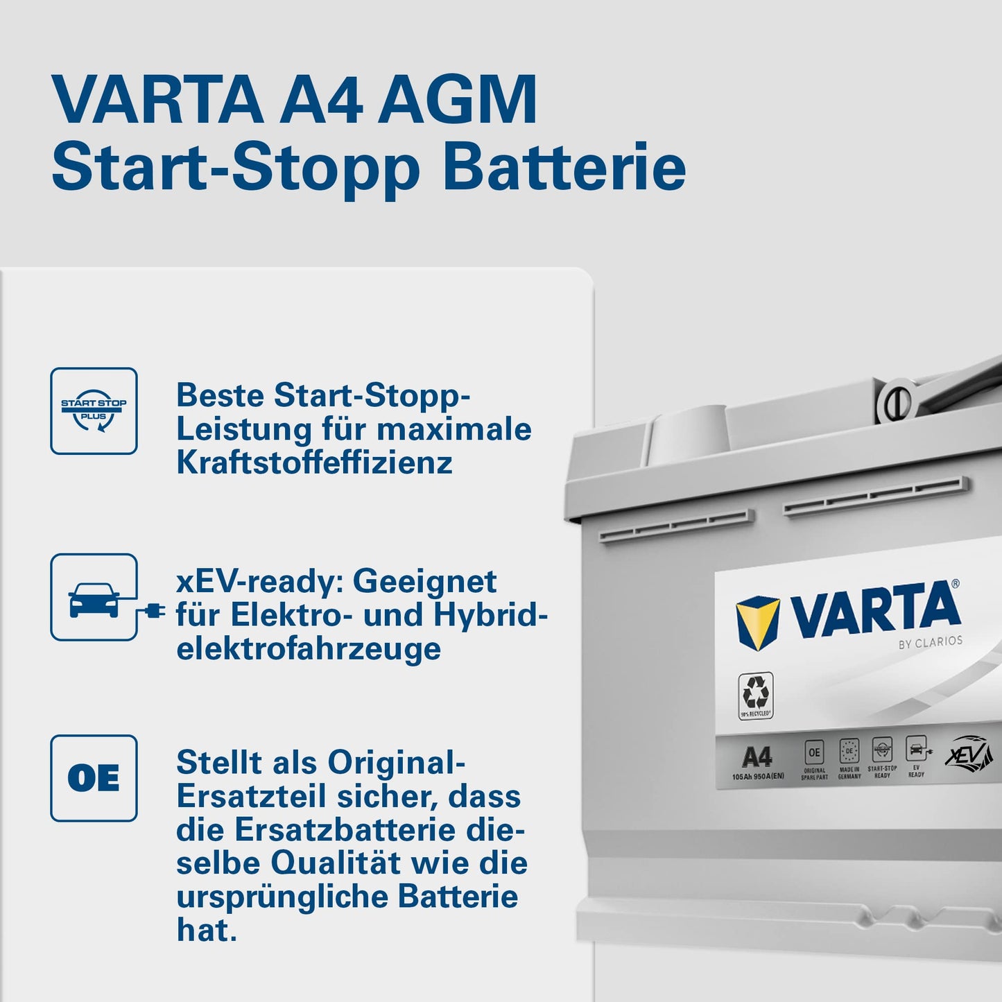 VARTA Silver Dynamic AGM Batterie A4 – Start-Stop und xEV Autobatterie 12V 105Ah 950A – Starterbatterie für Autos mit hohem Energiebedarf