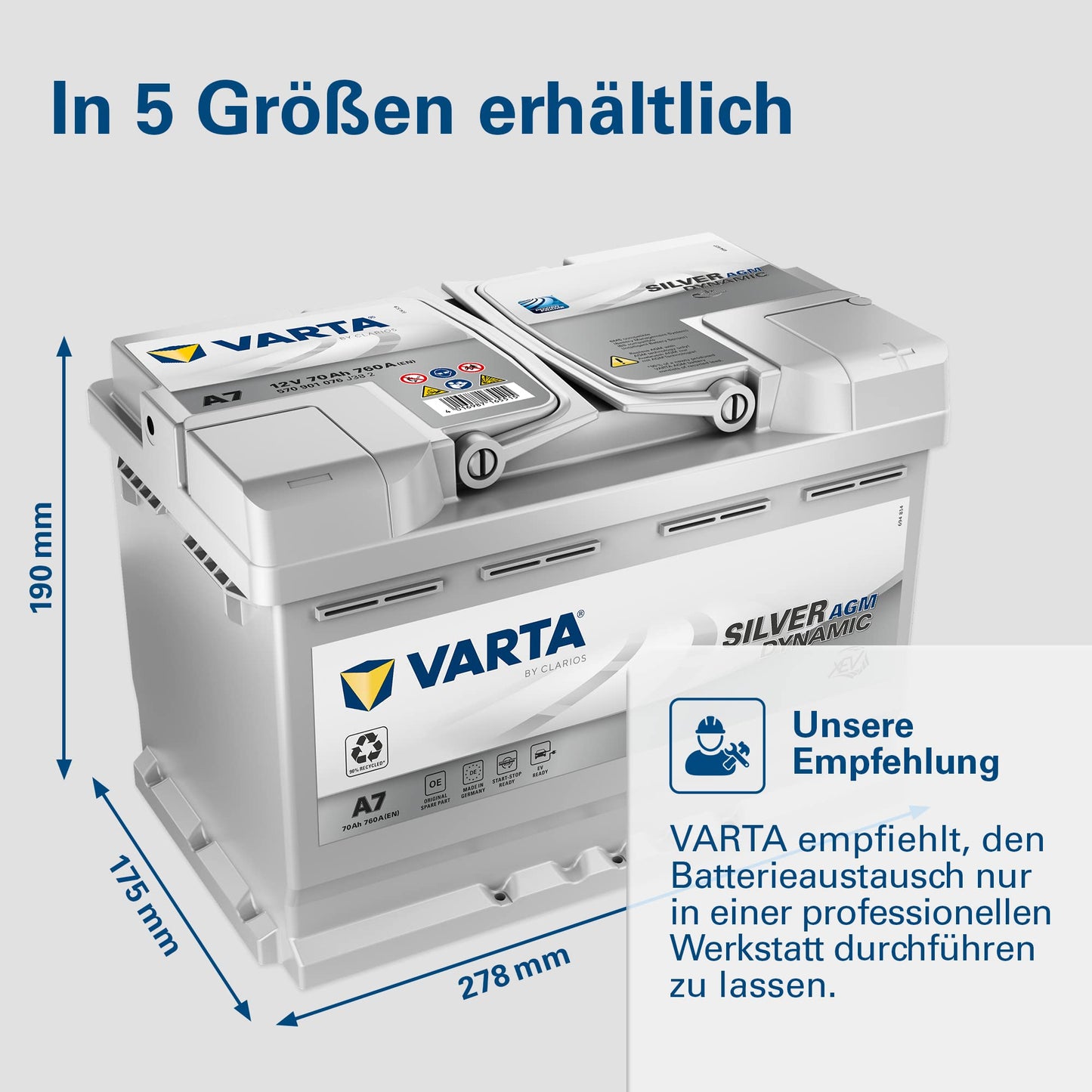 VARTA Silver Dynamic AGM Batterie A7 (E39) – Start-Stop und xEV Autobatterie 12V 70Ah 760A – Starterbatterie für Autos mit hohem Energiebedarf