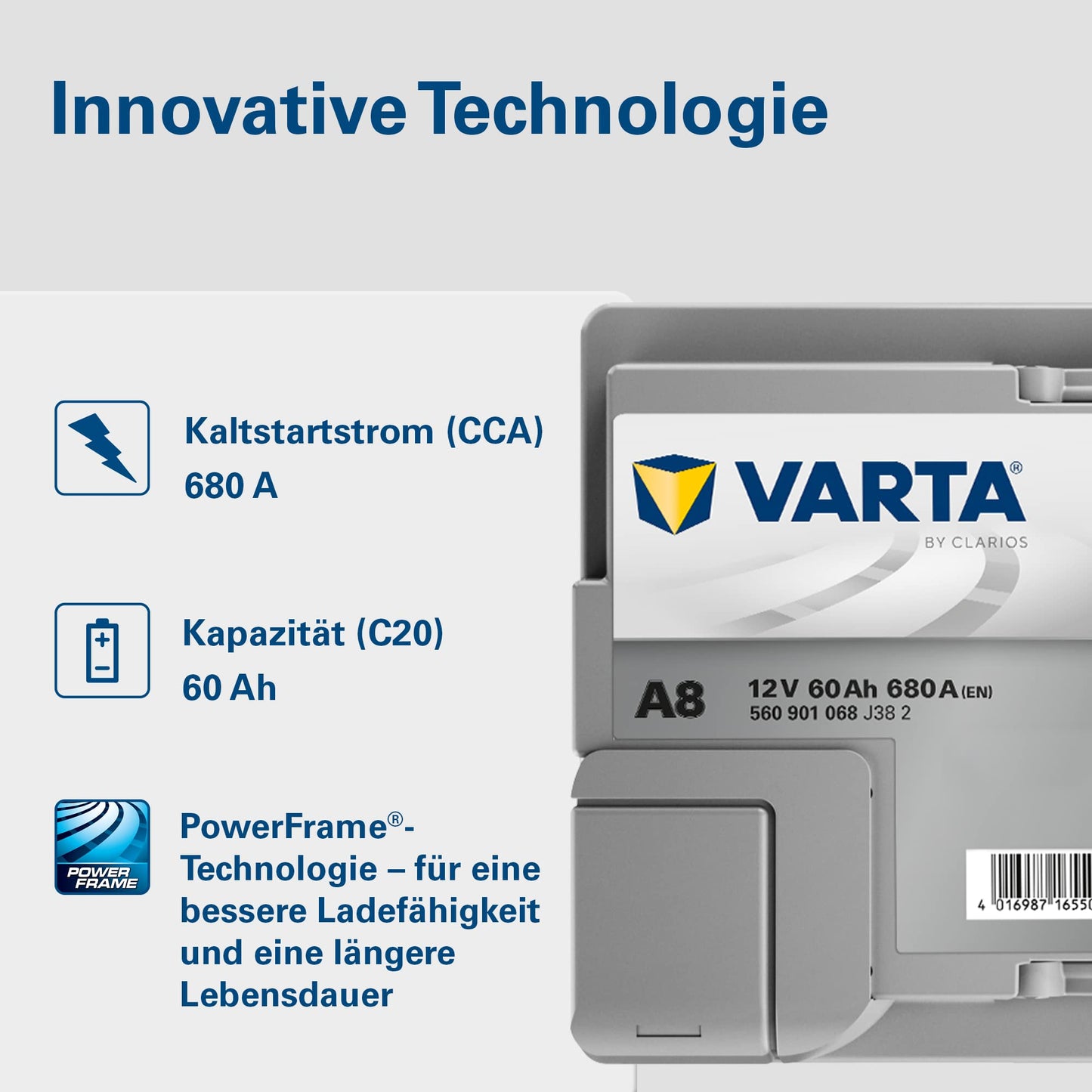 VARTA Silver Dynamic AGM Batterie A8 – Start-Stop und xEV Autobatterie 12V 60Ah 680A – Starterbatterie für Autos mit hohem Energiebedarf