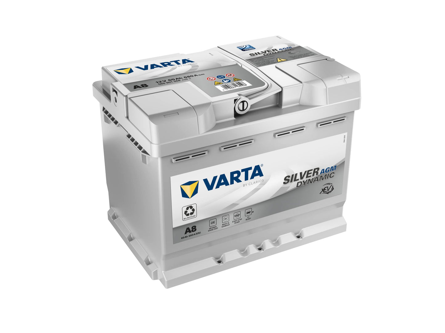 VARTA Silver Dynamic AGM Batterie A8 – Start-Stop und xEV Autobatterie 12V 60Ah 680A – Starterbatterie für Autos mit hohem Energiebedarf