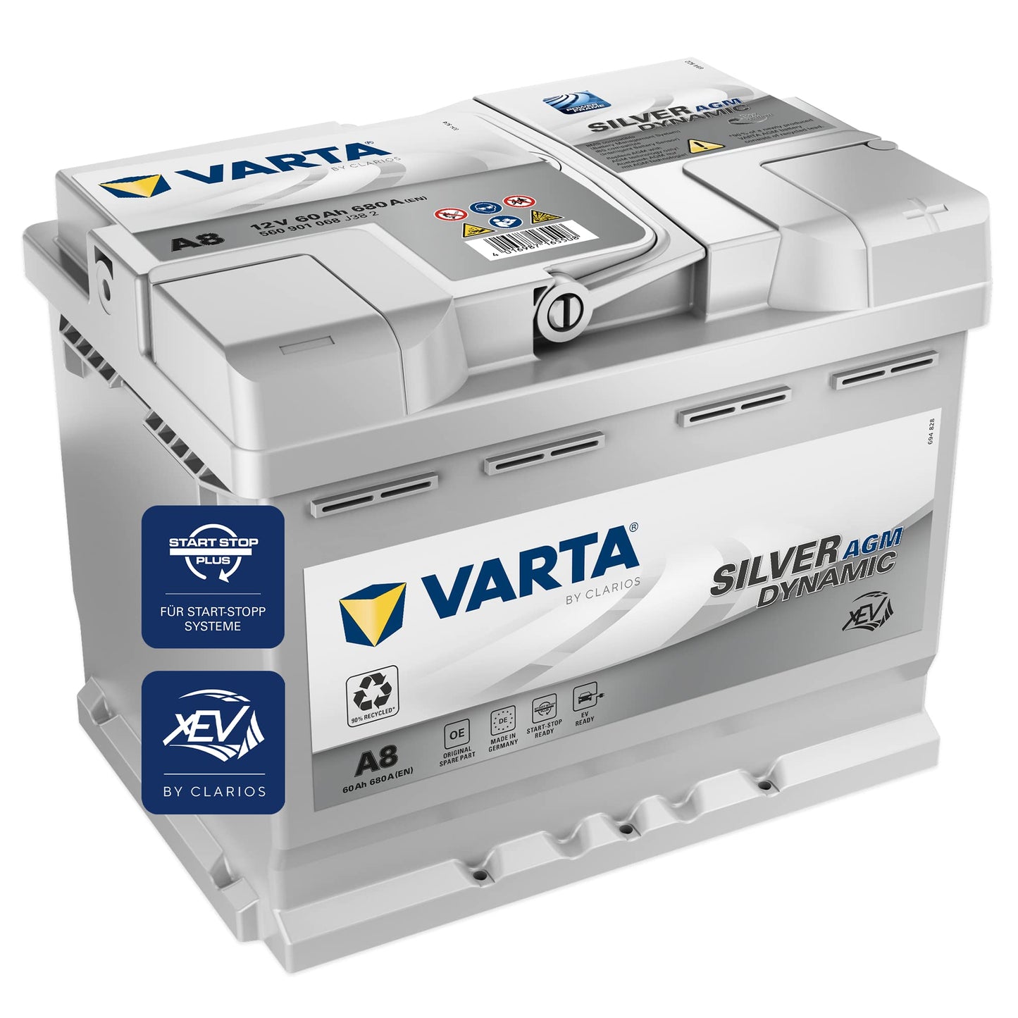 VARTA Silver Dynamic AGM Batterie A8 – Start-Stop und xEV Autobatterie 12V 60Ah 680A – Starterbatterie für Autos mit hohem Energiebedarf