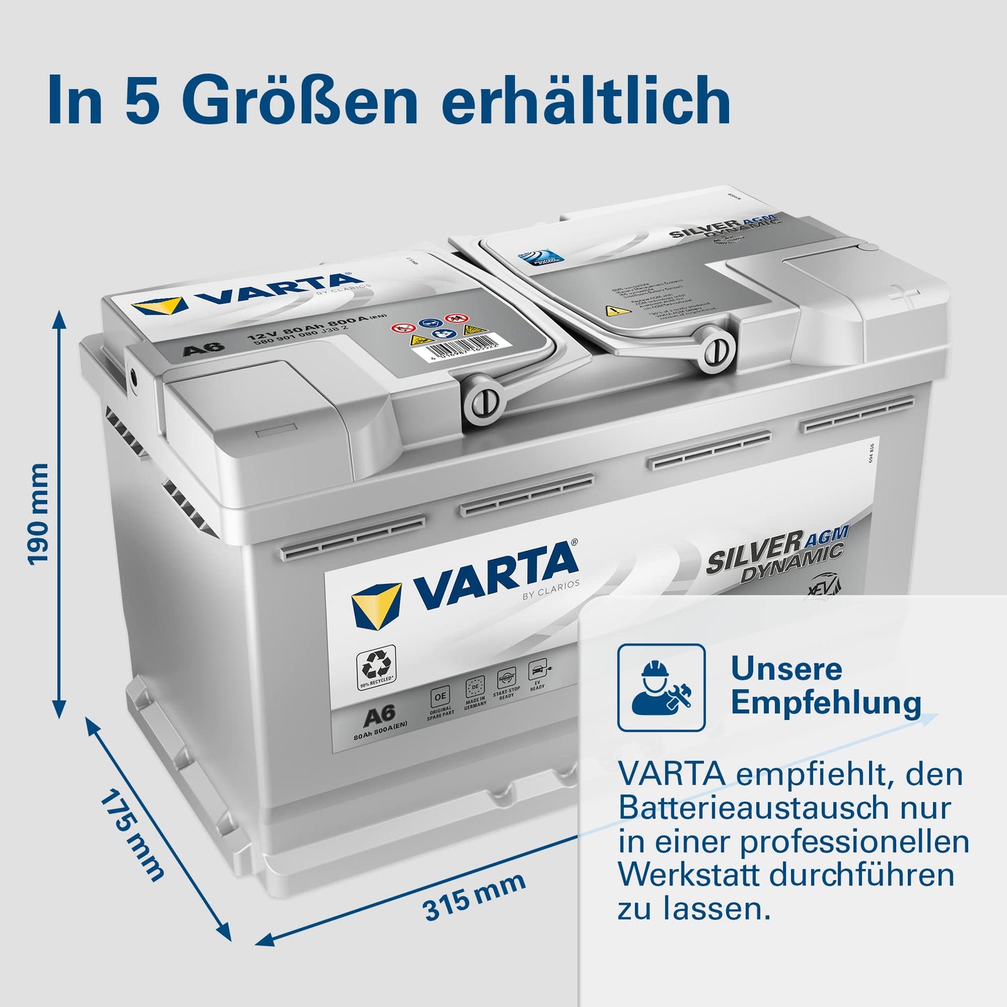 VARTA Silver Dynamic AGM Batterie A6 – Start-Stop und xEV Autobatterie 12V 80Ah 800A – Starterbatterie für Autos mit hohem Energiebedarf