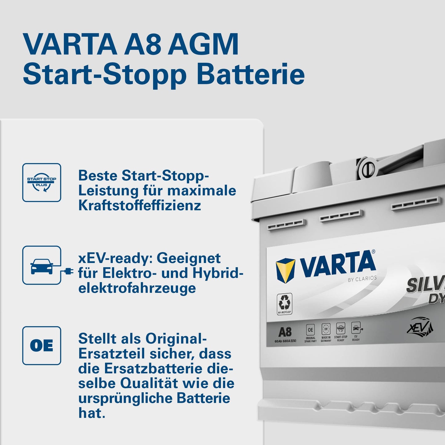 VARTA Silver Dynamic AGM Batterie A8 – Start-Stop und xEV Autobatterie 12V 60Ah 680A – Starterbatterie für Autos mit hohem Energiebedarf