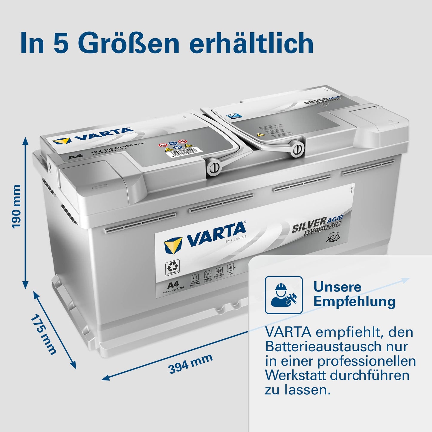 VARTA Silver Dynamic AGM Batterie A4 – Start-Stop und xEV Autobatterie 12V 105Ah 950A – Starterbatterie für Autos mit hohem Energiebedarf