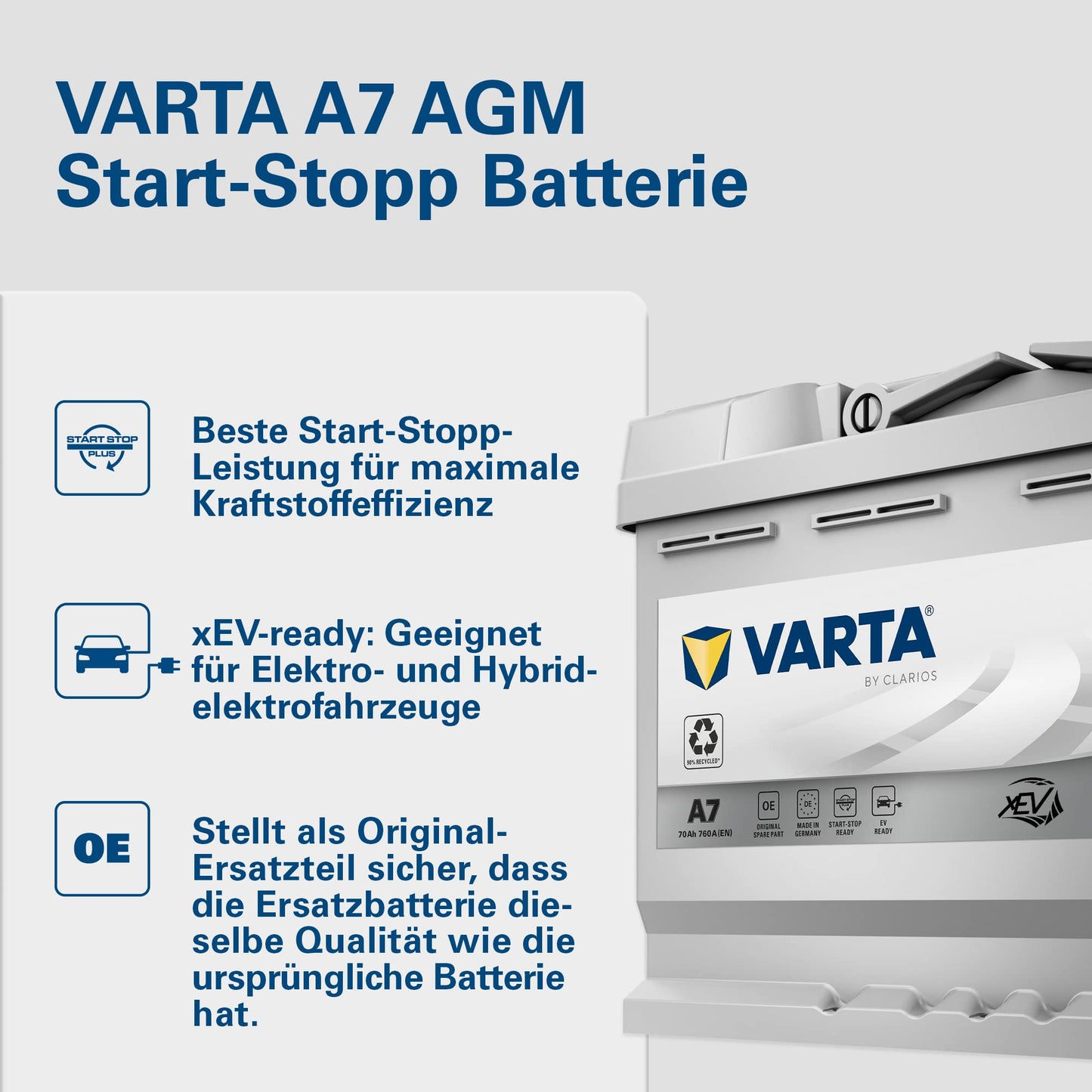 VARTA Silver Dynamic AGM Batterie A7 (E39) – Start-Stop und xEV Autobatterie 12V 70Ah 760A – Starterbatterie für Autos mit hohem Energiebedarf