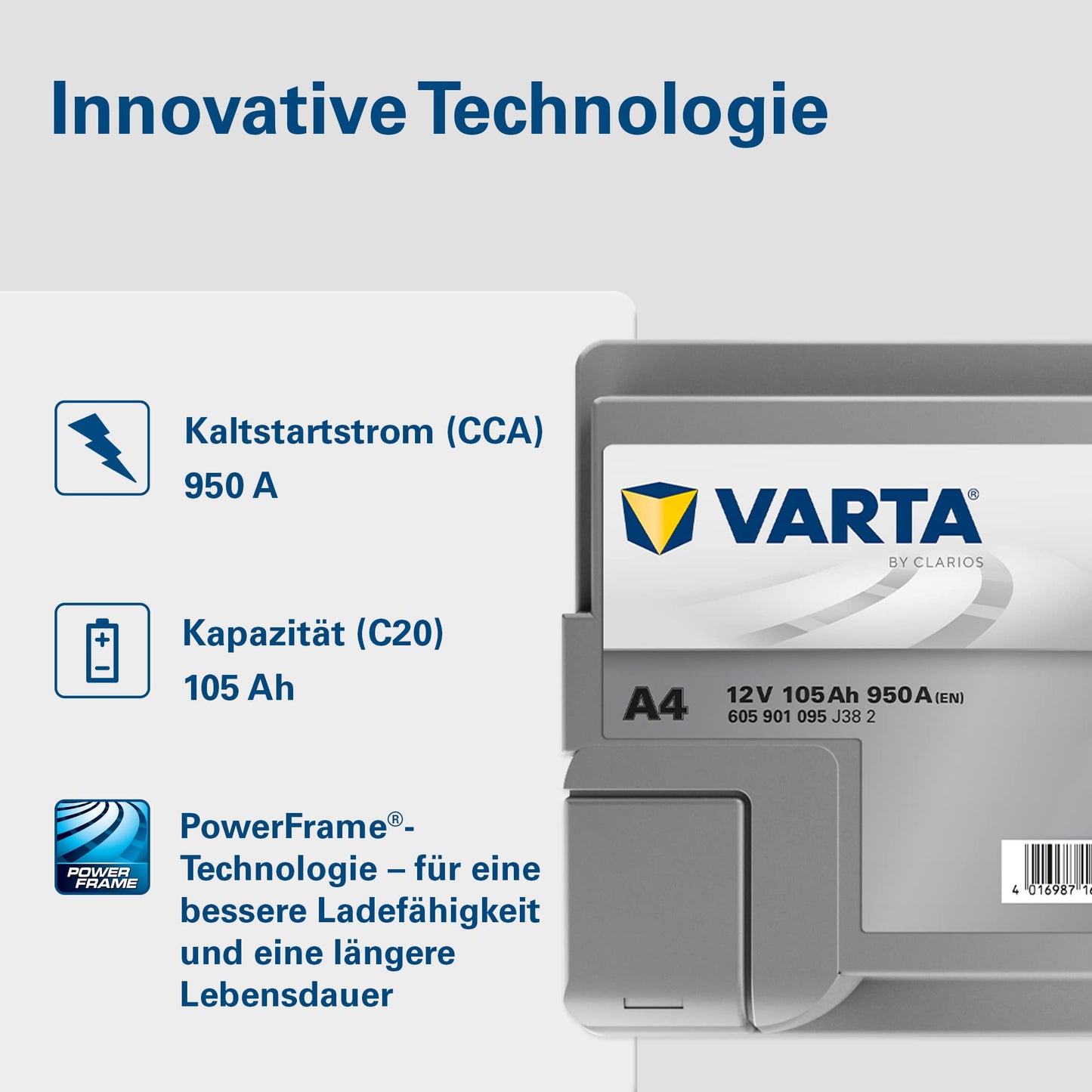 VARTA Silver Dynamic AGM Batterie A4 – Start-Stop und xEV Autobatterie 12V 105Ah 950A – Starterbatterie für Autos mit hohem Energiebedarf